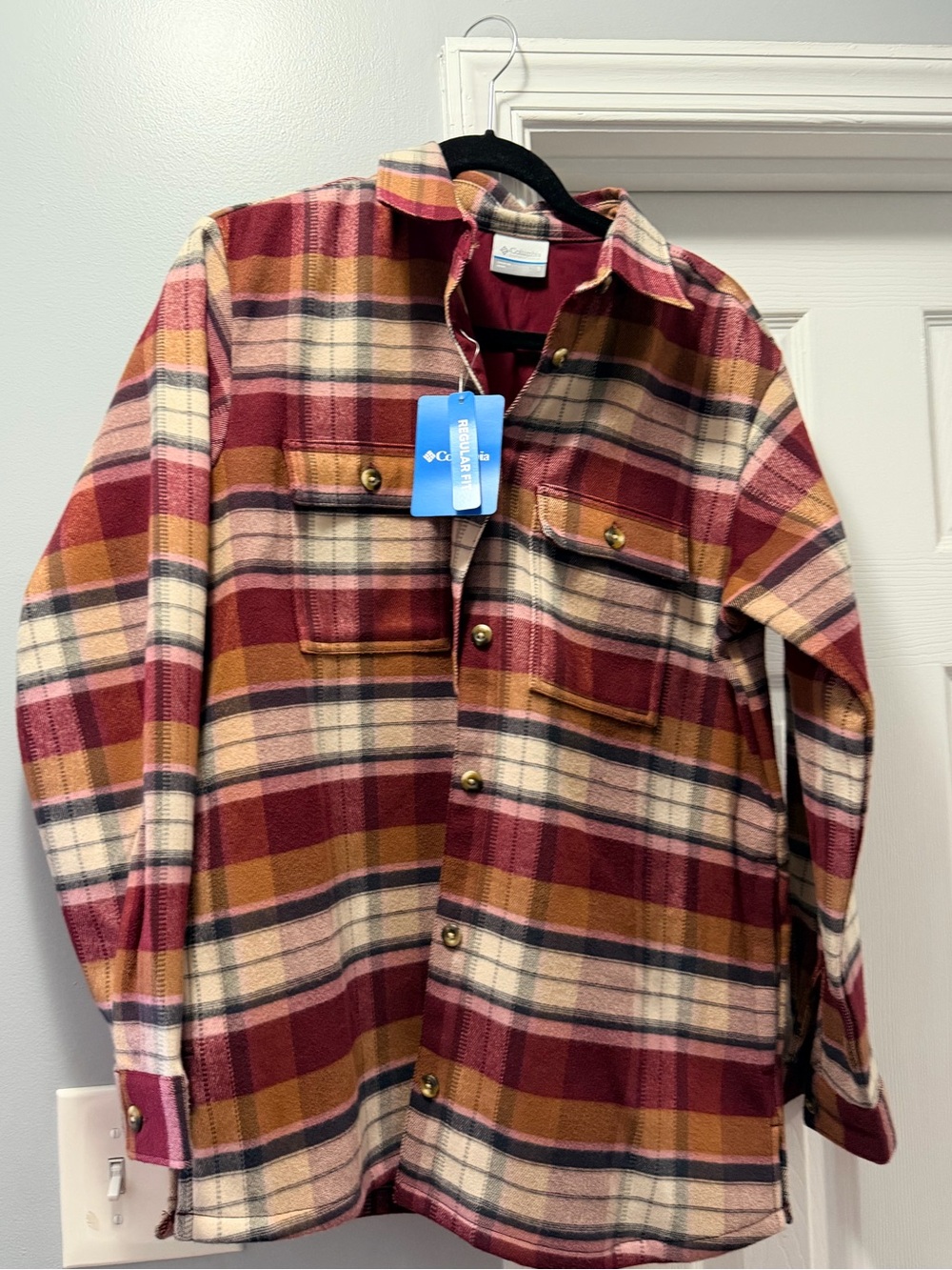 Columbia women Plaid Shirt Jacket Burgundy Multi color plaid